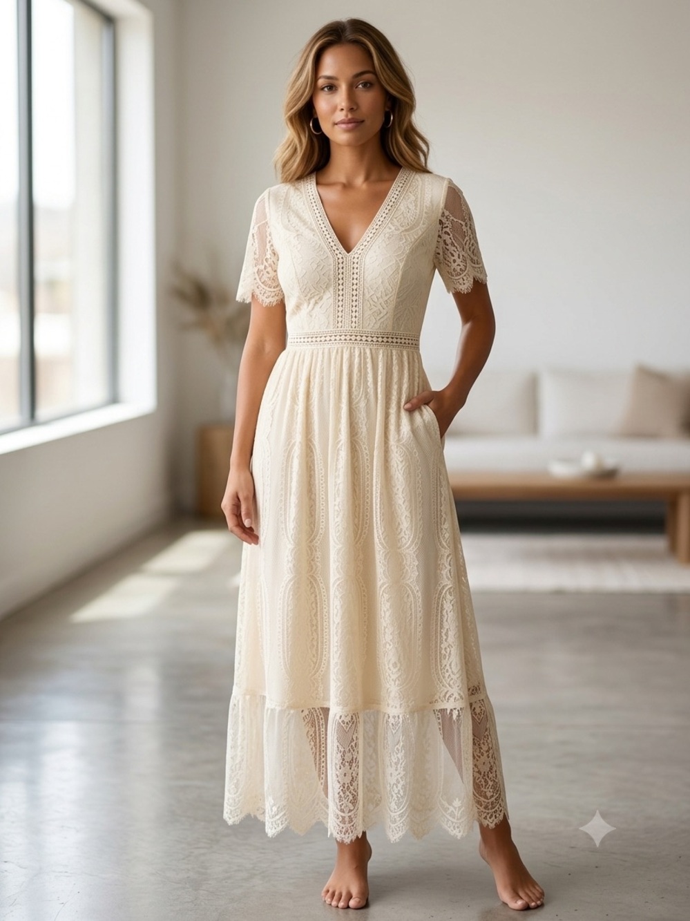 V-Neck Lace Maxi Dress in Cream